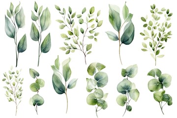 Watercolor painting of various green leaves and branches.