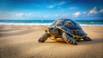 Close-up of a tortoise crawling on a sandy beach, tortoise, reptile, animal, wildlife, slow, crawling, shell, nature