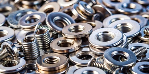 Obraz premium Close-up of a variety of metal washers for bolts and screws , hardware, fastener, texture, background