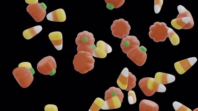 Traditional Halloween candies falling on transparent background. Seamless looping animation.