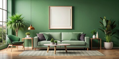 render of poster frame mock-up in green home interior with lounge sofa, table and decor , poster frame, mock-up
