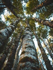 Fototapeta premium Majestic Forest Canopy: Looking Up Through Tall Trees in Nature