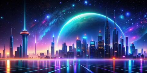 Futuristic starry skyline with colorful neon lights, tall structure silhouette, and planet background, futuristic