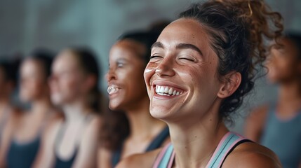 A woman with curly hair laughs heartily among a group of people.