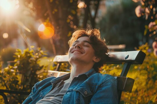 Close up a person happy sitting on a bench in garden joyful with light aura sunset Generative AI