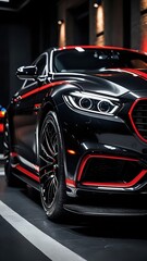 Closeup of a black luxury sports car with red accents, parked in a garage.