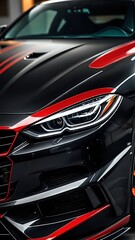 Close-up of a black and red sports car's sleek front end, showcasing the powerful headlight and aggressive design.