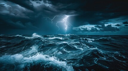 Fototapeta premium Dramatic Lightning Strike Over Rough Sea.