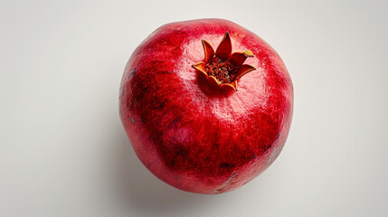 A single pomegranate, vibrant red with subtle golden undertones, sitting on a pristine white background