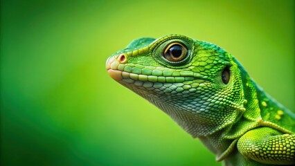 Fototapeta premium Green lizard camouflaged on a blurred green background, lizard, reptile, green, camouflaged, wildlife, nature, exotic