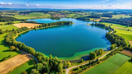 Aerial view of Huttenheim Lake with surrounding green landscape and clear blue water, aerial, view, Huttenheim, lake, water