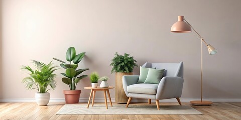 Cozy living room with armchair, plants, and floor lamp in pastel tones, minimalistic, flat , cozy