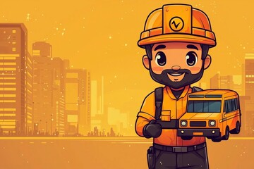 Cartoon Utility Worker Holding a Bus in a Cityscape