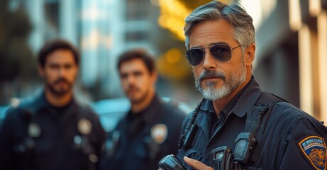 Fototapeta premium Cinematic shot of security guards in black workwear with walkie-talkies standing in front of a building, one man with sunglasses and grey hair talking to two other guards, office background