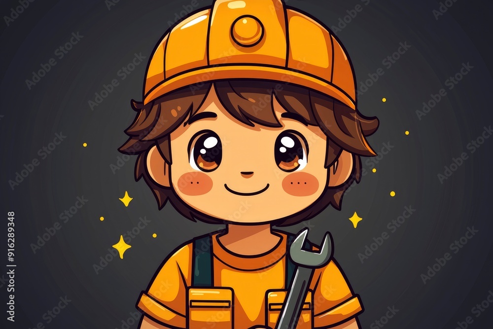 Wall mural Cute Cartoon Boy Construction Worker with Wrench