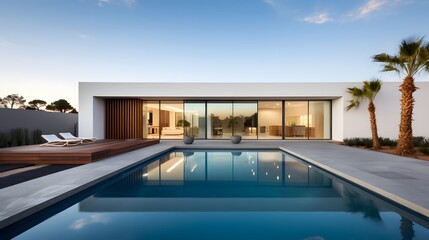 Fototapeta premium Contemporary House with Infinity Pool Overlooking the Ocean at Sunset