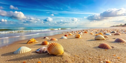 Empty sand beach with shells, summer sea lapping against the shore , Summer, beach, coastline, sand, shells, water, gentle