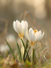 Fototapeta premium Delicate White Crocuses Blooming in Soft Morning Light