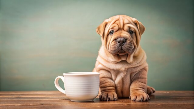Cute Shar Pei puppy holding a coffee mug, , dog, Shar Pei, puppy, cute, funny, coffee mug, pet, canine, adorable, breed