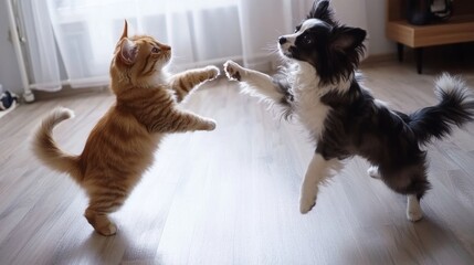 A playful cat and dog engaging in a lively interaction in a cozy indoor setting.