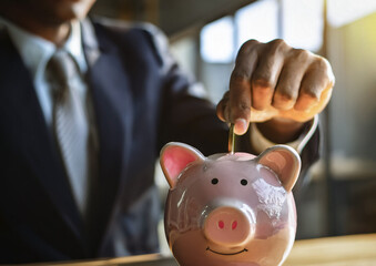 Obraz premium ブタの貯金箱にコインを入れるビジネスマン