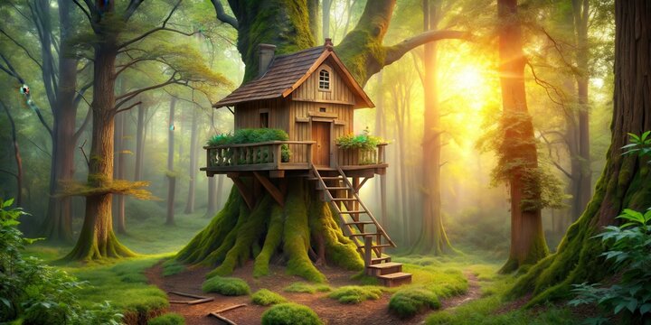 Wooden fairy tree house nestled in the enchanting woods , fairy, magical, mystical, whimsical, fantasy, tree, house