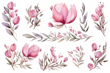 Watercolor Pink Floral Collection with Leaves and Branches.
