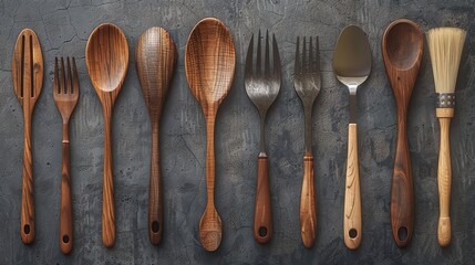 A set of wooden tableware in a rustic style. Created with Generative Ai technology.
