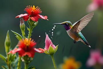 Naklejka premium A hummingbird is flying over some pink flowers