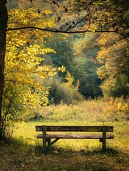 Naklejka premium Tranquil Autumn Park Bench Surrounded by Colorful Foliage