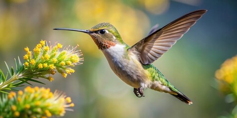 Fototapeta premium Hummingbird hovers and feeds on a wormwood flower, close-up , bird, wildlife, nature, beautiful, colorful, feathers, beak