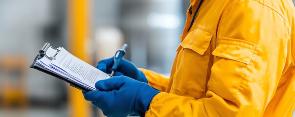 A worker in a yellow jacket holds a clipboard, ready to take notes or check items in an industrial setting. Safety first!