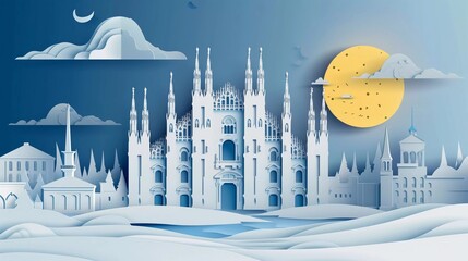 Naklejka premium Panoramic view of milan city skyline with world famous landmarks in paper cut style vector illustration