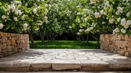 Serene Stone Platform in Sunlit Orchard with Blossoming Fruit Trees, Copy Space for Text, Focus on Objects, Deep Depth of Field