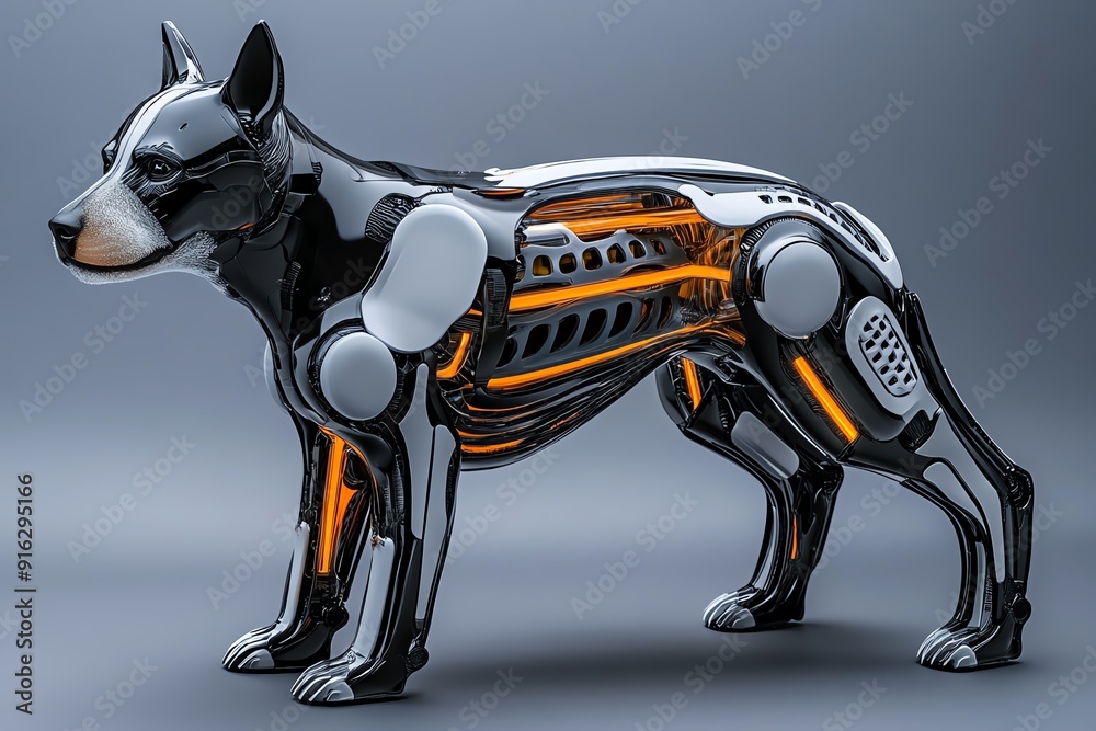 Aufkleber Futuristic robotic dog with sleek design and visible inner mechanisms, showcasing advanced technology on a grey background.