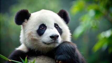 Fototapeta premium A cute panda deep in thought, panda, thinking, contemplation, animal, black and white, bamboo, cute, pondering, reflection