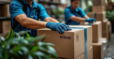 Close-up of two male movers in blue uniforms taping a cardboard box to secure furniture, preparing for a home move

