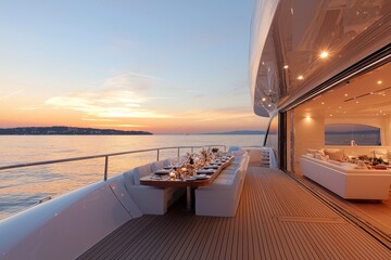Fototapeta premium Sailing into Sophistication: Sunset Gourmet Dinner on Luxury Yacht Deck