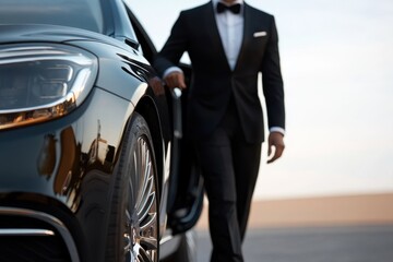 High-Class Elegance: Man in Tuxedo Stepping out of Luxury Sedan with Chauffeur, Symbolizing Sophistication and Service