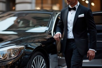 VIP Arrival - Sophisticated Man in Tuxedo Exiting Luxury Sedan with Chauffeur Assistance