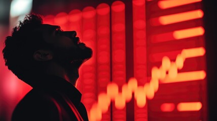 Obraz premium Businessman in despair as a red stock market graph plummets in the background, illustrating the impact of a market downturn.