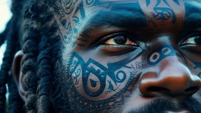 The closeup shot highlights the unique and intricate patterns of a Maori warriors facial tattoos each symbol representing a deeper meaning and connection to his culture.