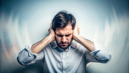 Blurry image of a person holding their ears in pain as a loud noise fades away slowly , sound, noise, fade, fading, loud, ear