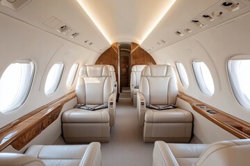 Luxurious Minimalism: Private Jet Interior with Plush Leather Seats and Wood Accents