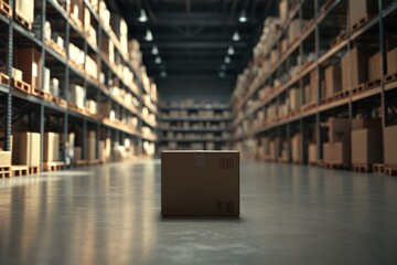 A Single Cardboard Box In An Empty Warehouse