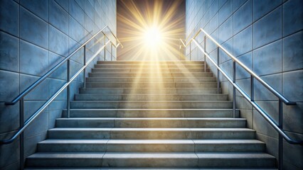 Obraz premium Light beam shining on empty stair steps with handrail, staircase, steps, handrail, light beam, interior, architecture, design