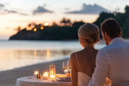 Romance by the Sea: Elegant Couple Enjoying Candlelit Dinner on Private Beach - Powered by Adobe