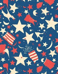 Seamless Pattern with Stars, Blue Background, Red and White Stripes, American Flag Design with Copy Space