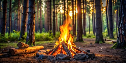 Campfire surrounded by trees in a forest, campfire, forest, trees, nature, wilderness, outdoor, adventure, camping, bonfire, flames