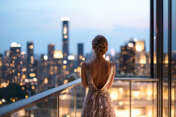 Elegant Woman in Designer Dress Enjoying City View from Luxury Hotel Balcony at Night - Urban Travel and Sophistication Concept